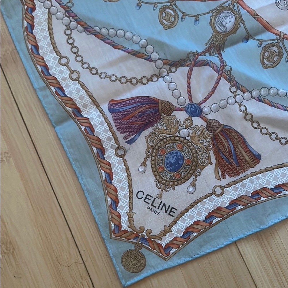 Celine Blue and Gold Silk Scarf 18”x18” - Picture 6 of 8